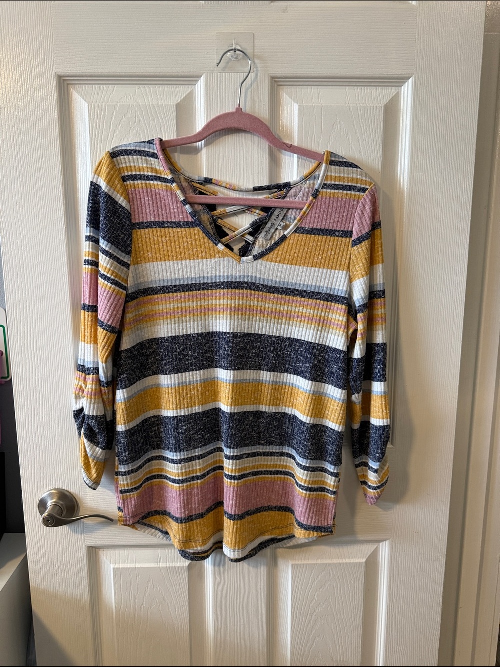 Absolutely Famous Striped Crisscross V-Neck Top in Mustard, Pink & Black